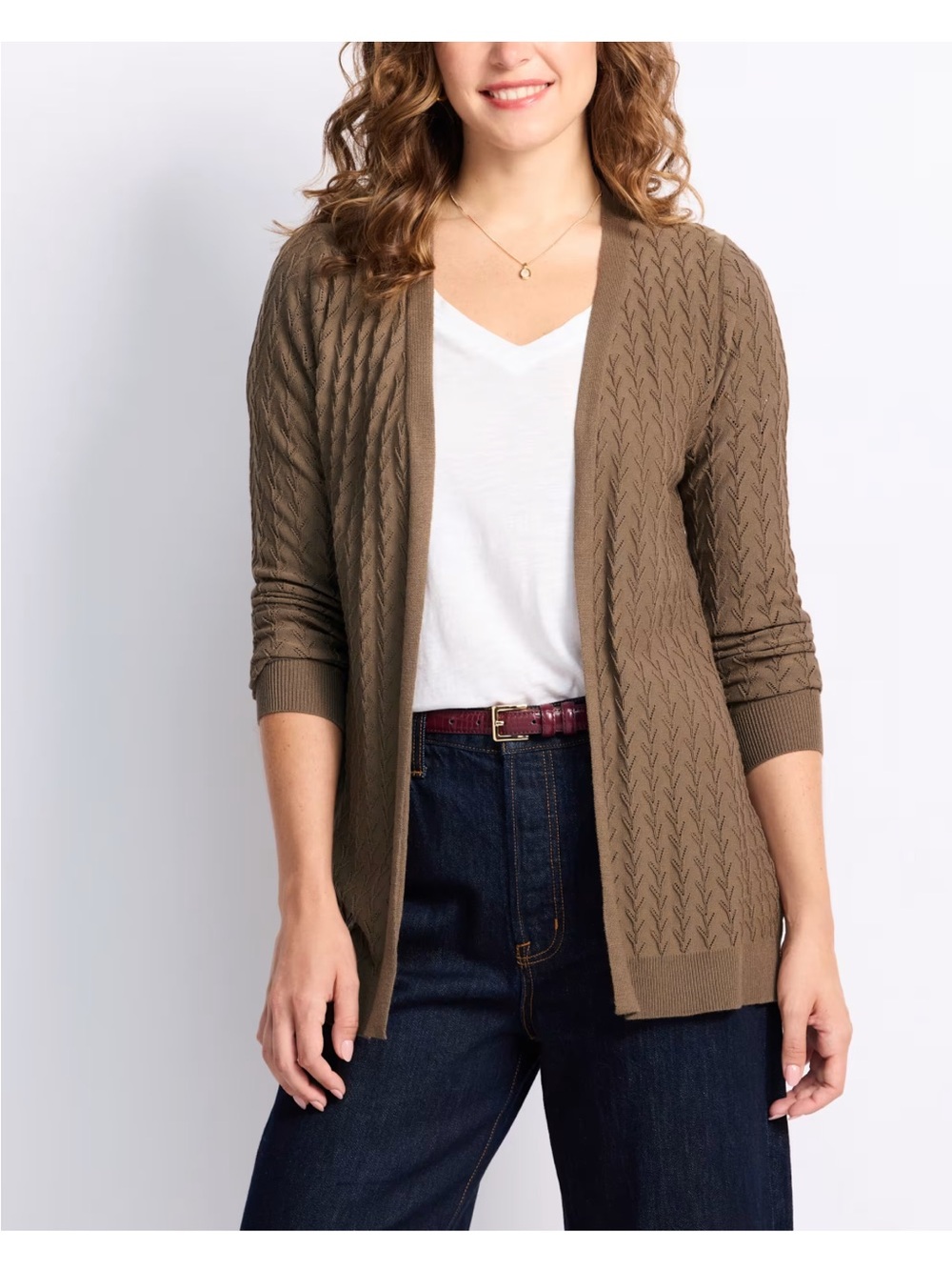 Taupe Brown Open Front Textured Cardigan Long Sleeve Career Workwear size Medium - Picture 2 of 10